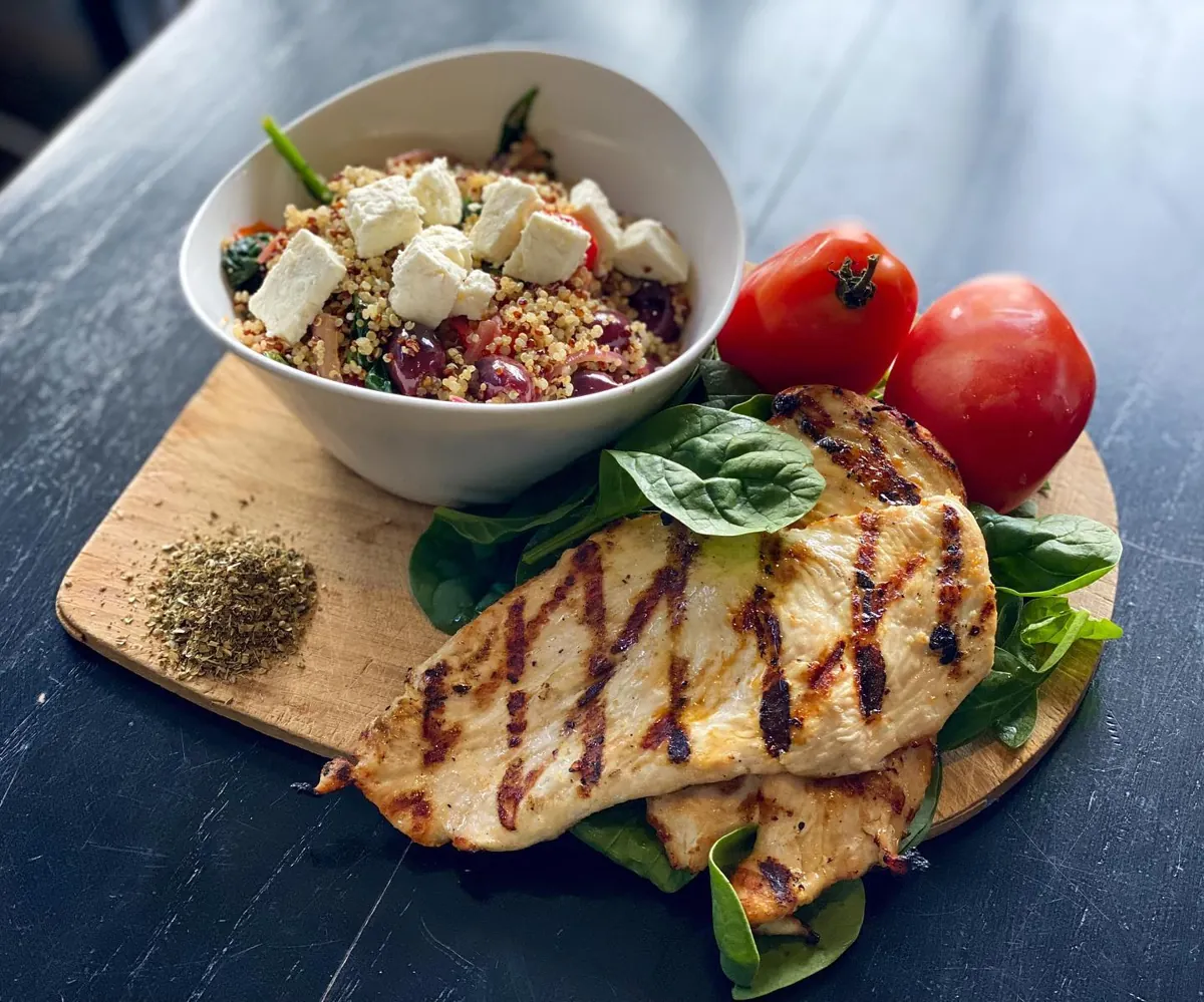 Mediterranean quinoa with grilled chicken