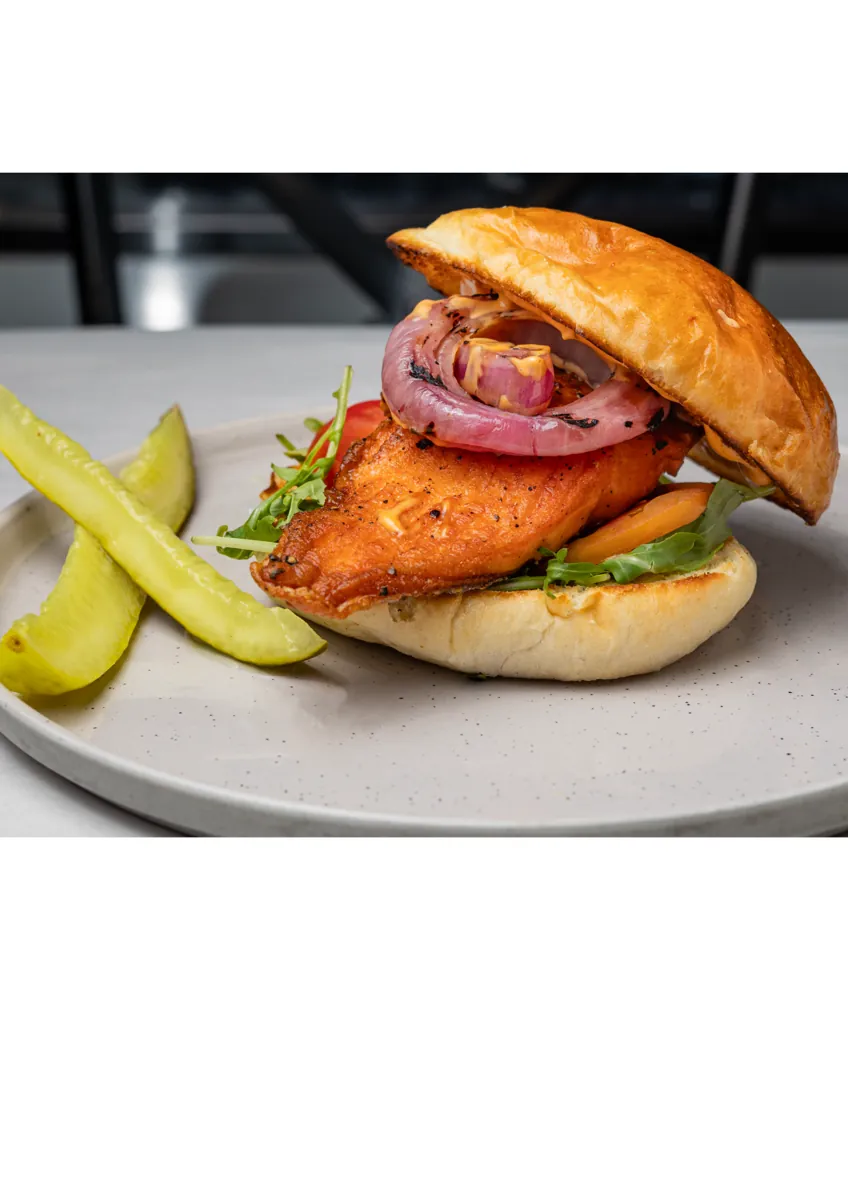 Salmon burger with pickle